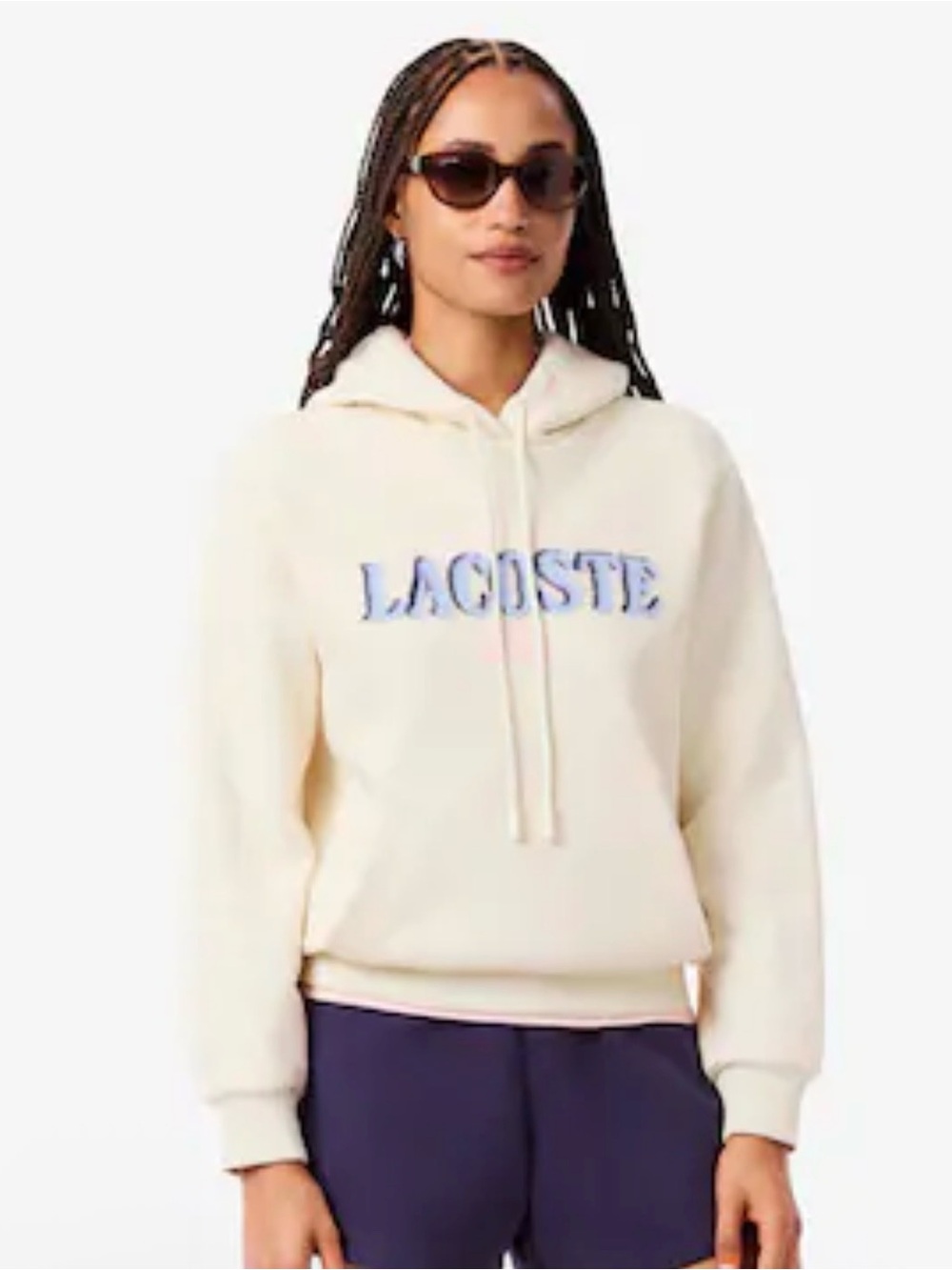 Lacoste Women's Cream Hoodie with Blue Logo